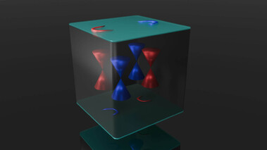 3D-Grafik zur physikalischen Struktur von PTBi2 in einem transparenten Würfel mit farbigen Achsen.